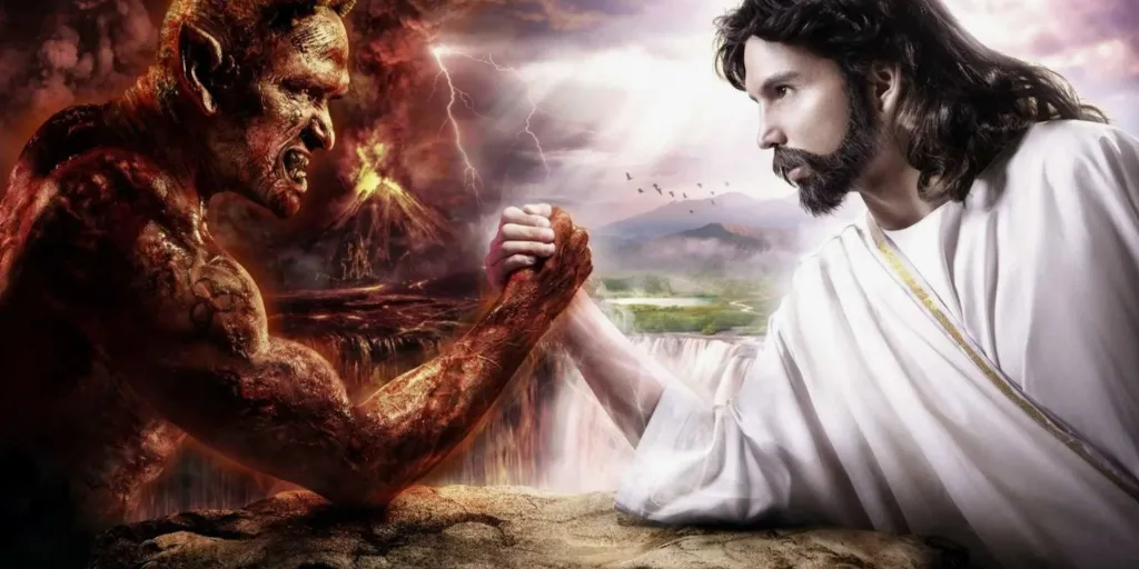 a painting of jesus holding hands with a demon