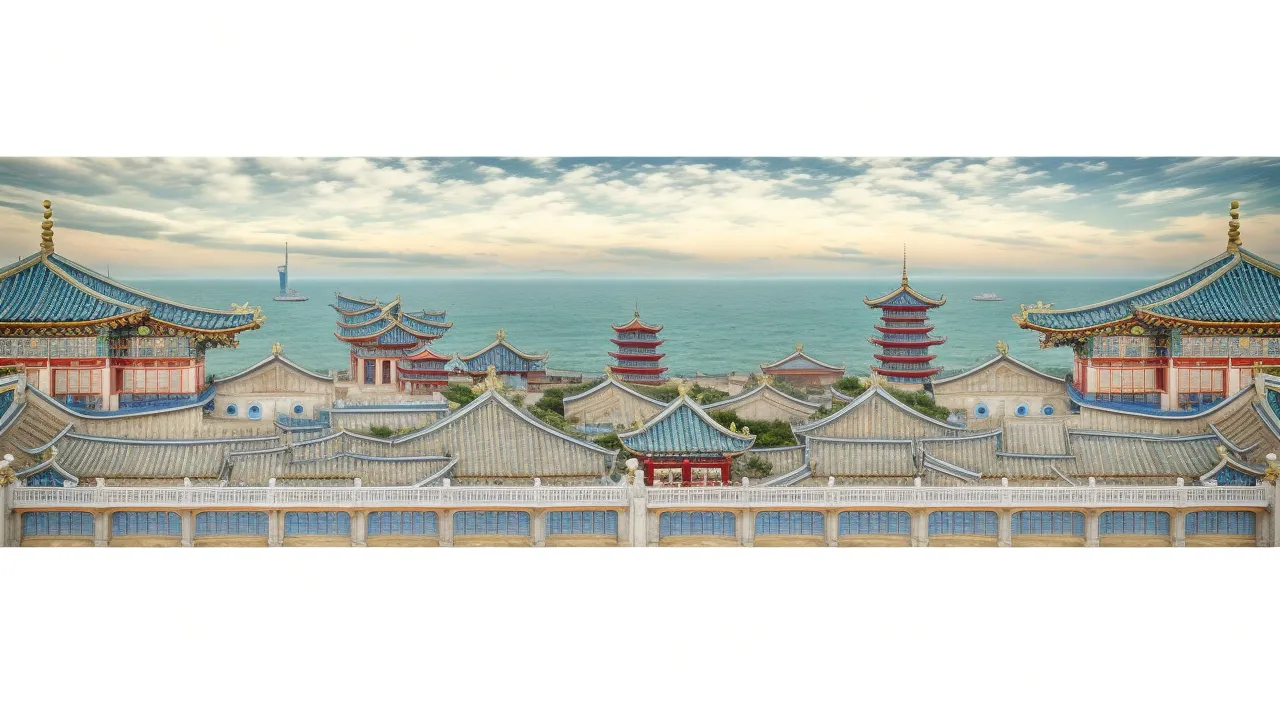 a painting of a chinese building with a view of the ocean