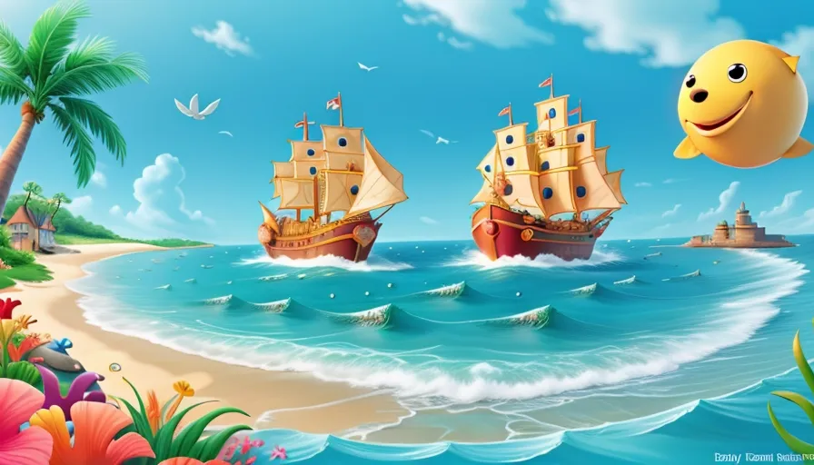 a painting of two ships in the ocean