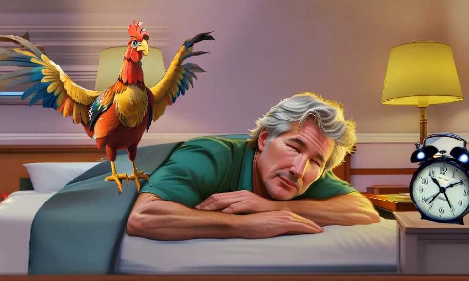 comics animated movie, colorful rooster, comb, phasianidae, man Richard Gere sleeps, alarm clock, clock, lamp, comfort, beak, feather, galliformes