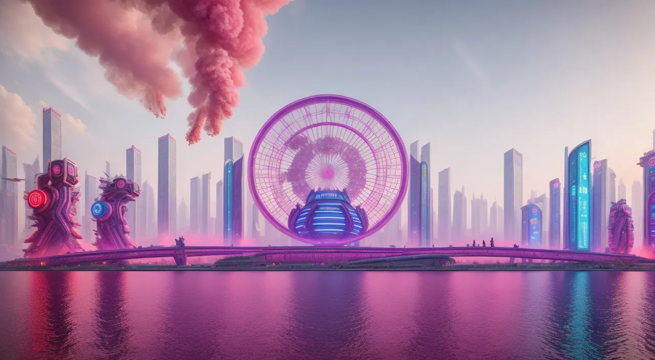 a futuristic city with a ferris wheel in the foreground