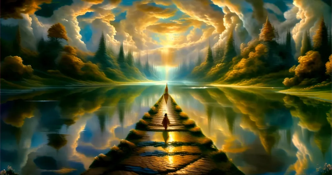 a painting of a person standing on a pier in the middle of a lake