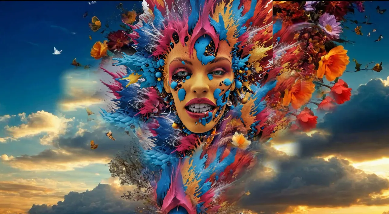 a woman's face is surrounded by musical notes and clouds