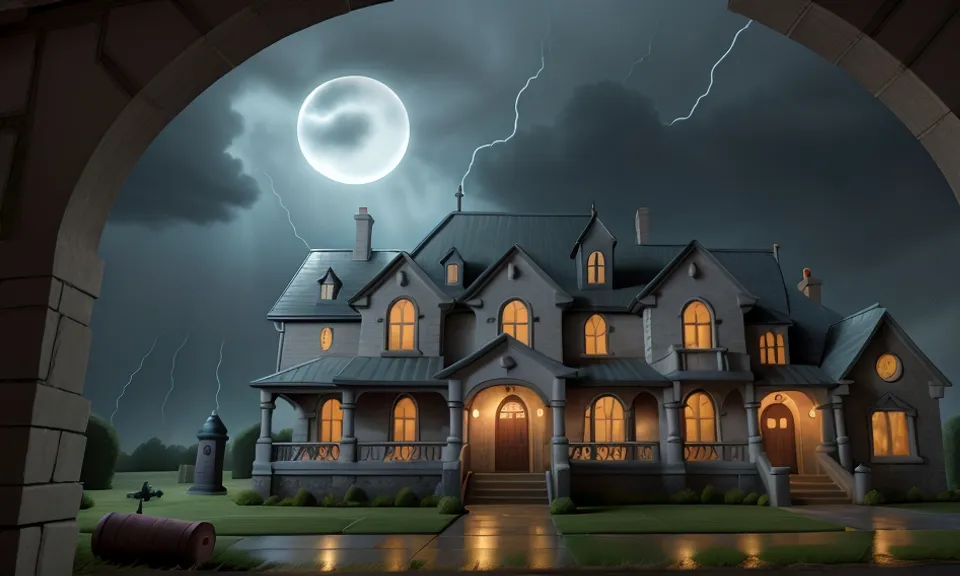 a large house with a full moon in the background