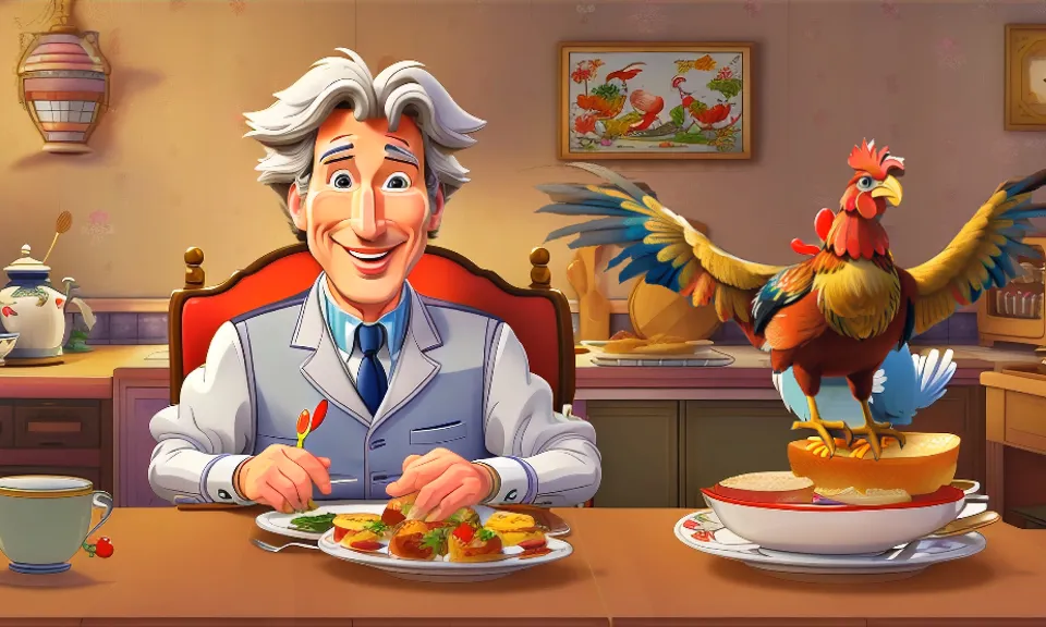 animated film man Richard Gere sits at a table with a plate of food in front of him, on the table is a rooster with spread wings, everything is cartoon