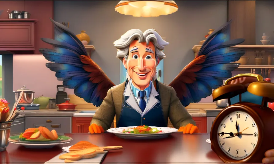 a cartoon character sitting at a table with a plate of food