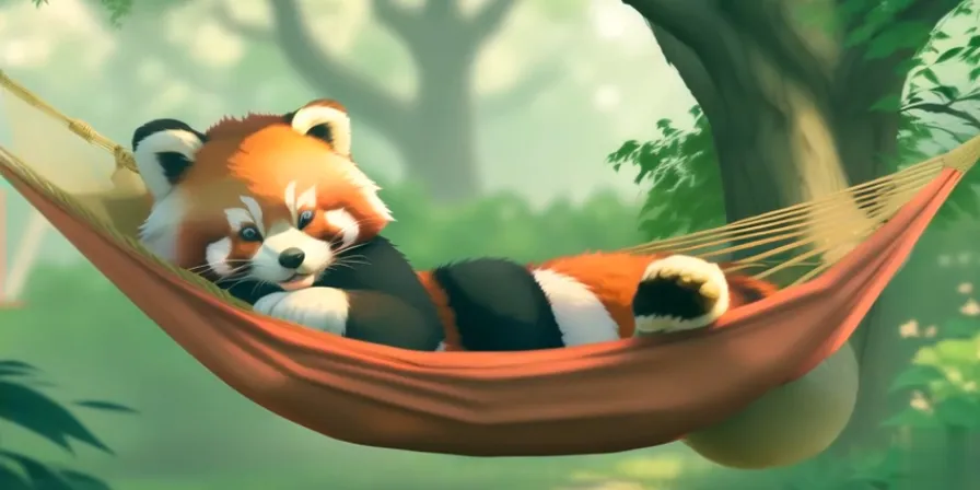 a red panda bear laying in a hammock, Anime , Snow background, Snow everywhere