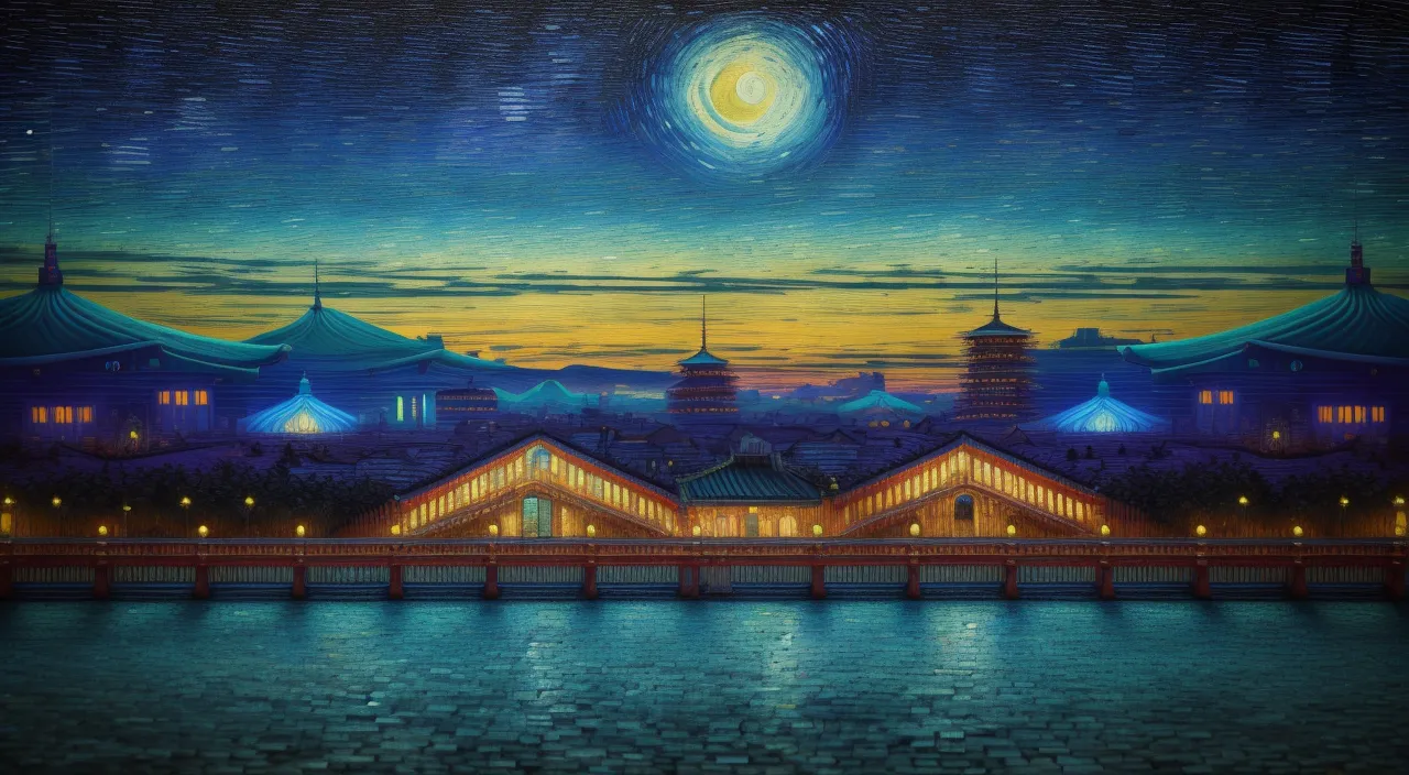 a painting of a city at night with a full moon