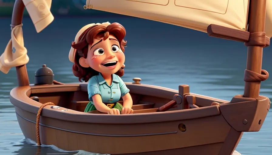 a cartoon character sitting in a boat in the water, crying 