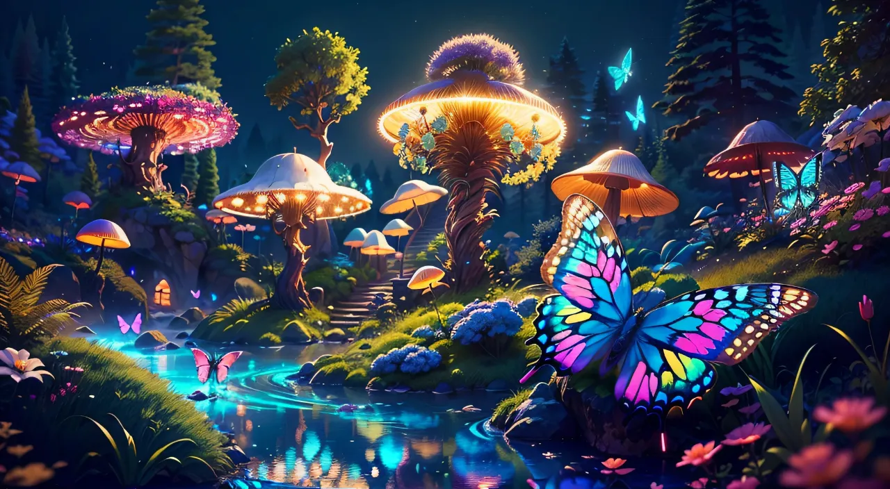 a painting of a forest with butterflies and mushrooms