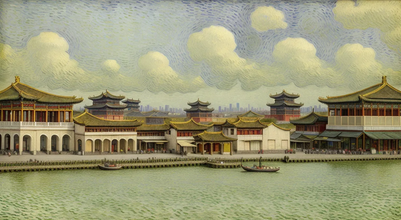 a painting of a building with a boat in front of it