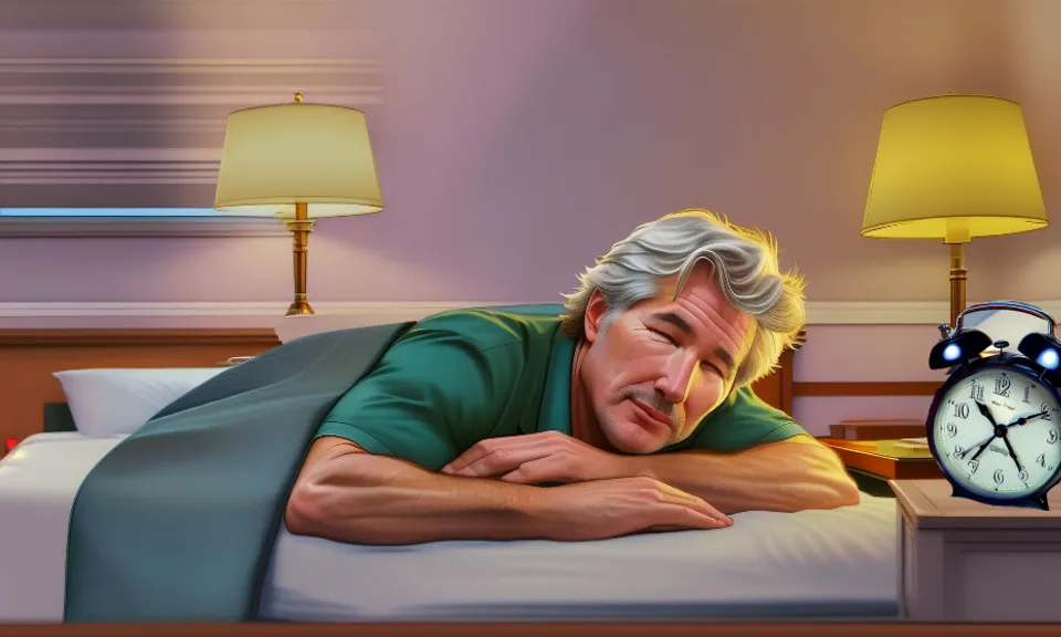 comics animated movie man Richard Gere sleeping in bed, eyes closed, smiling, on the bedside table a big retro alarm clock everything is colorfully drawn like comics in high definition HD