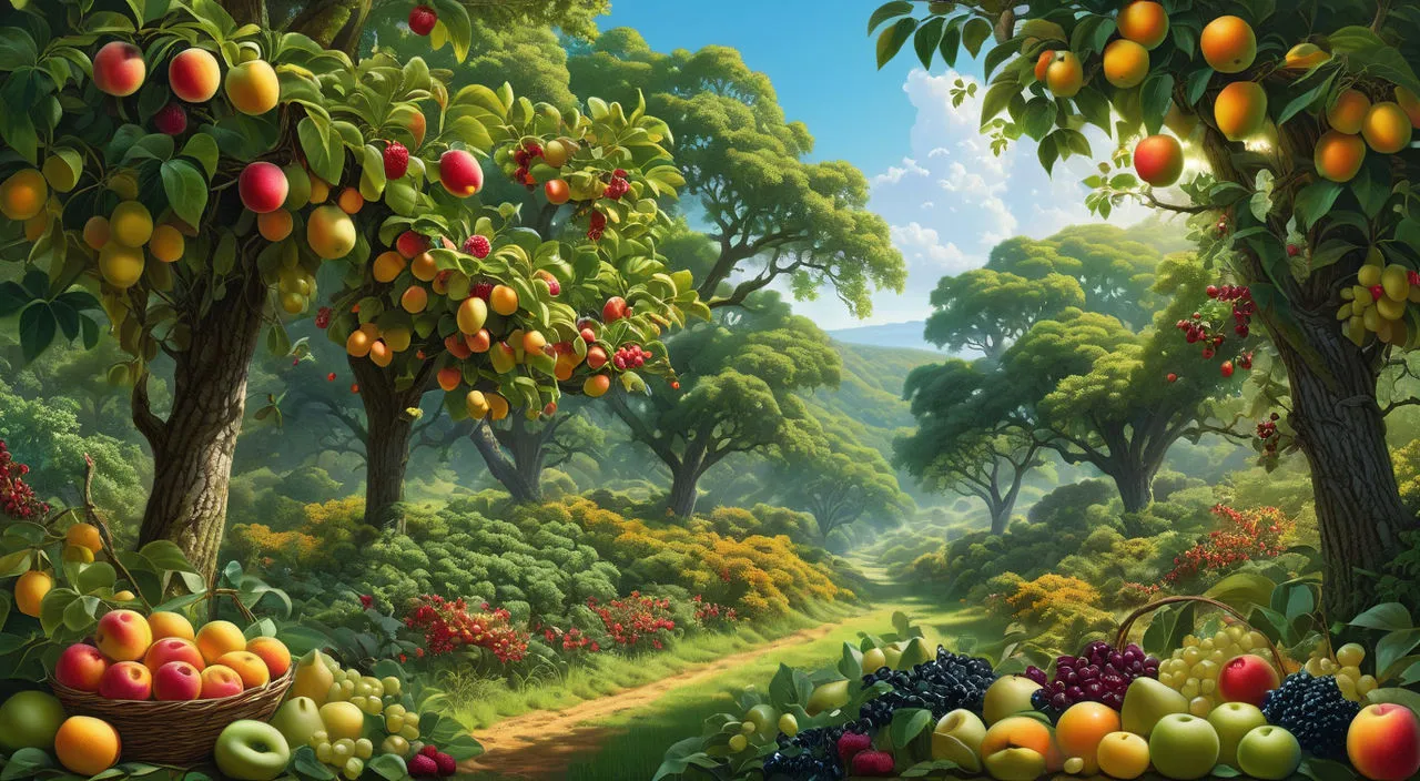 a painting of a forest filled with lots of fruit