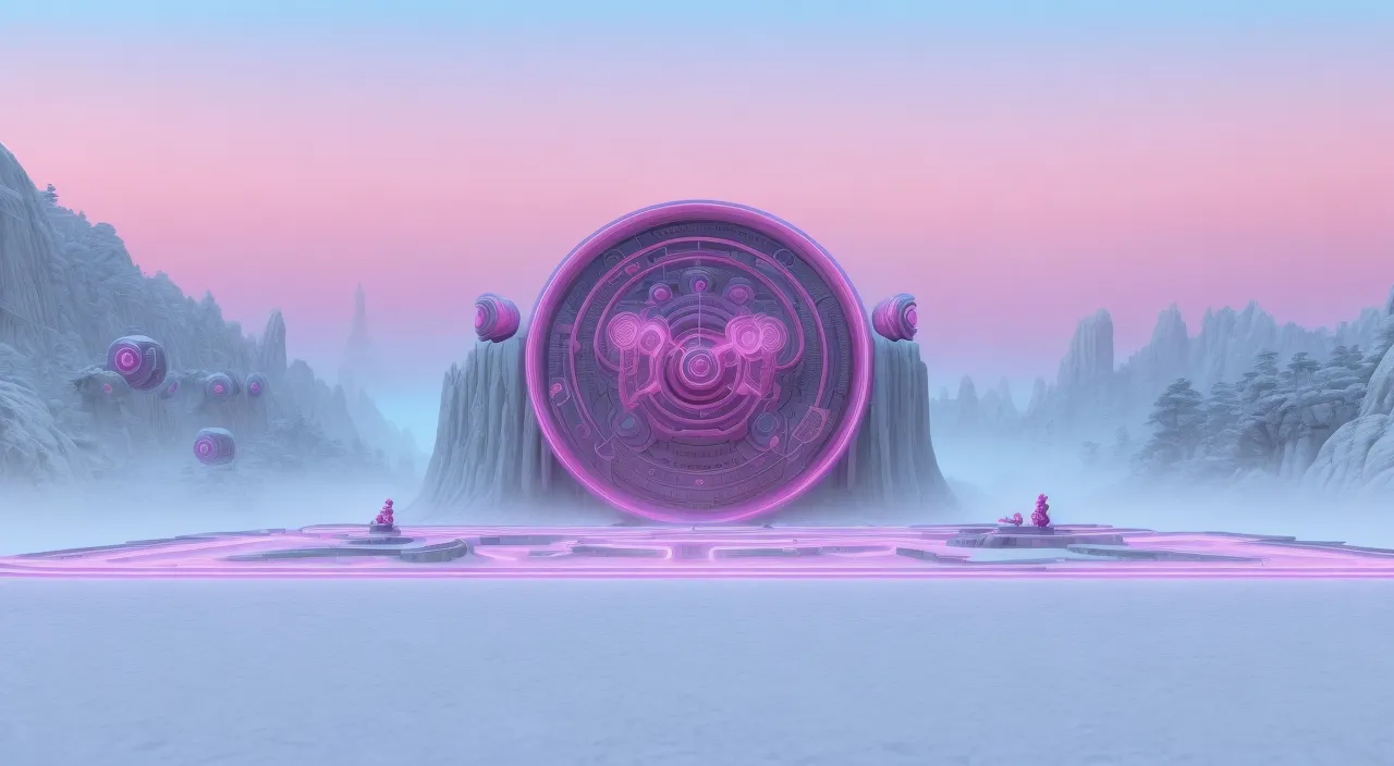 a futuristic landscape with a circular object in the middle