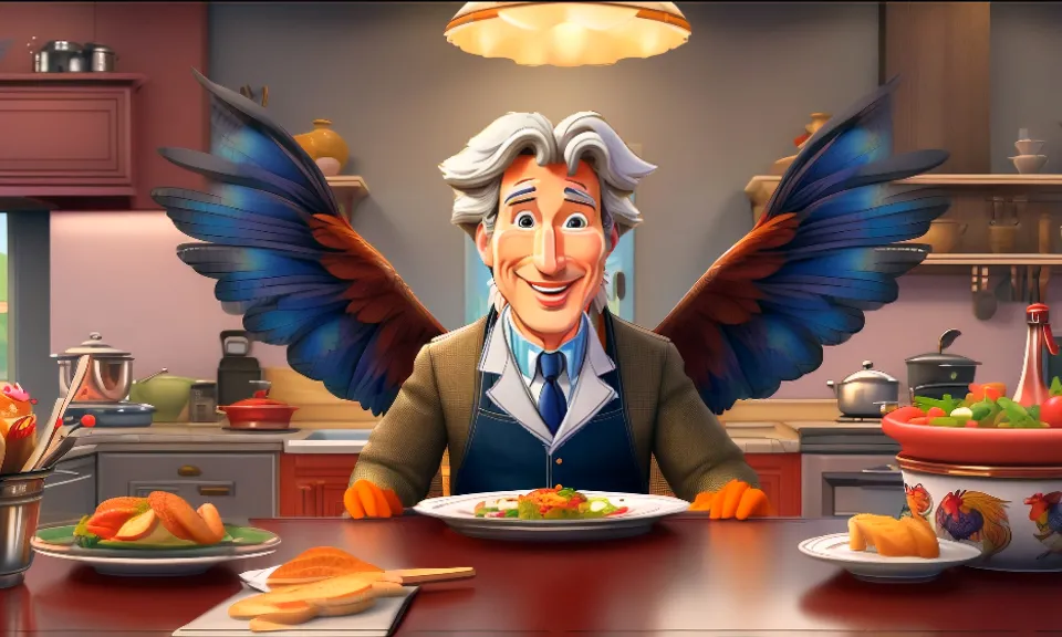 a cartoon character sitting at a table with a plate of food