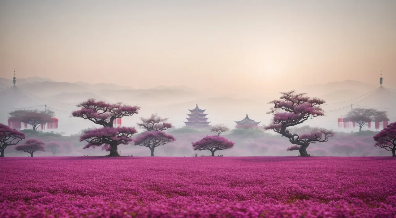 a field of flowers with trees in the background