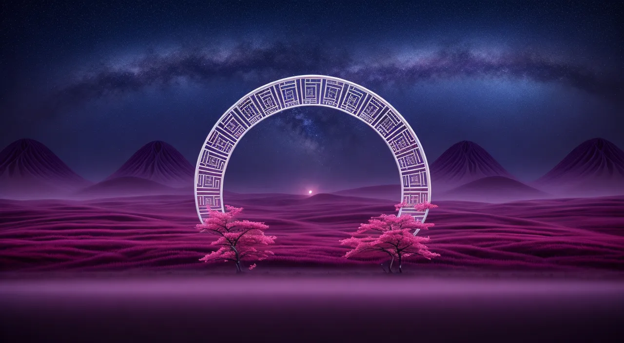 an arch in the middle of a desert at night