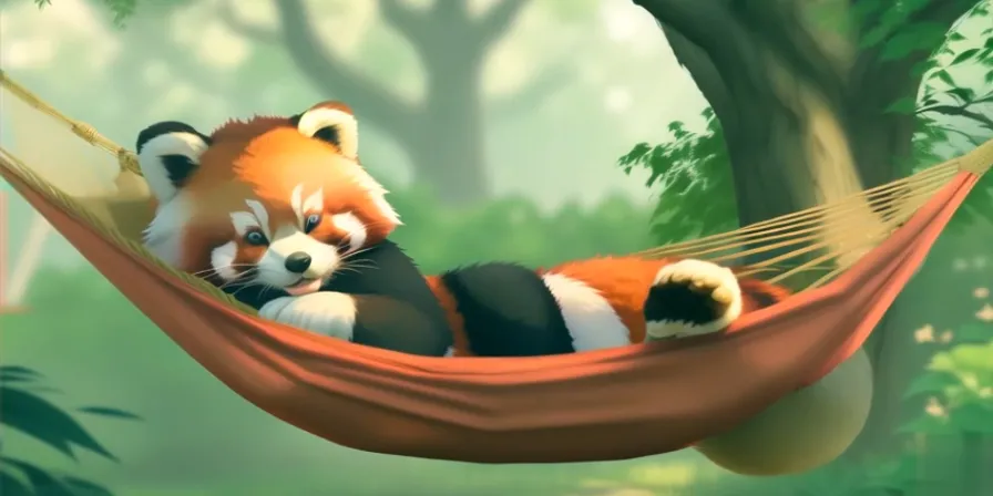 a red panda bear sitting in a hammock eating bamboo