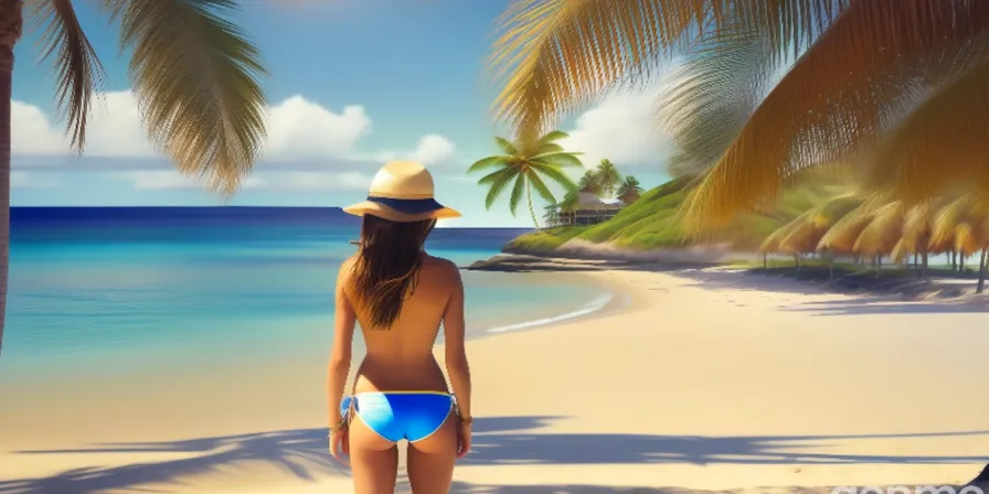 a woman in a bikini and hat standing on a beach