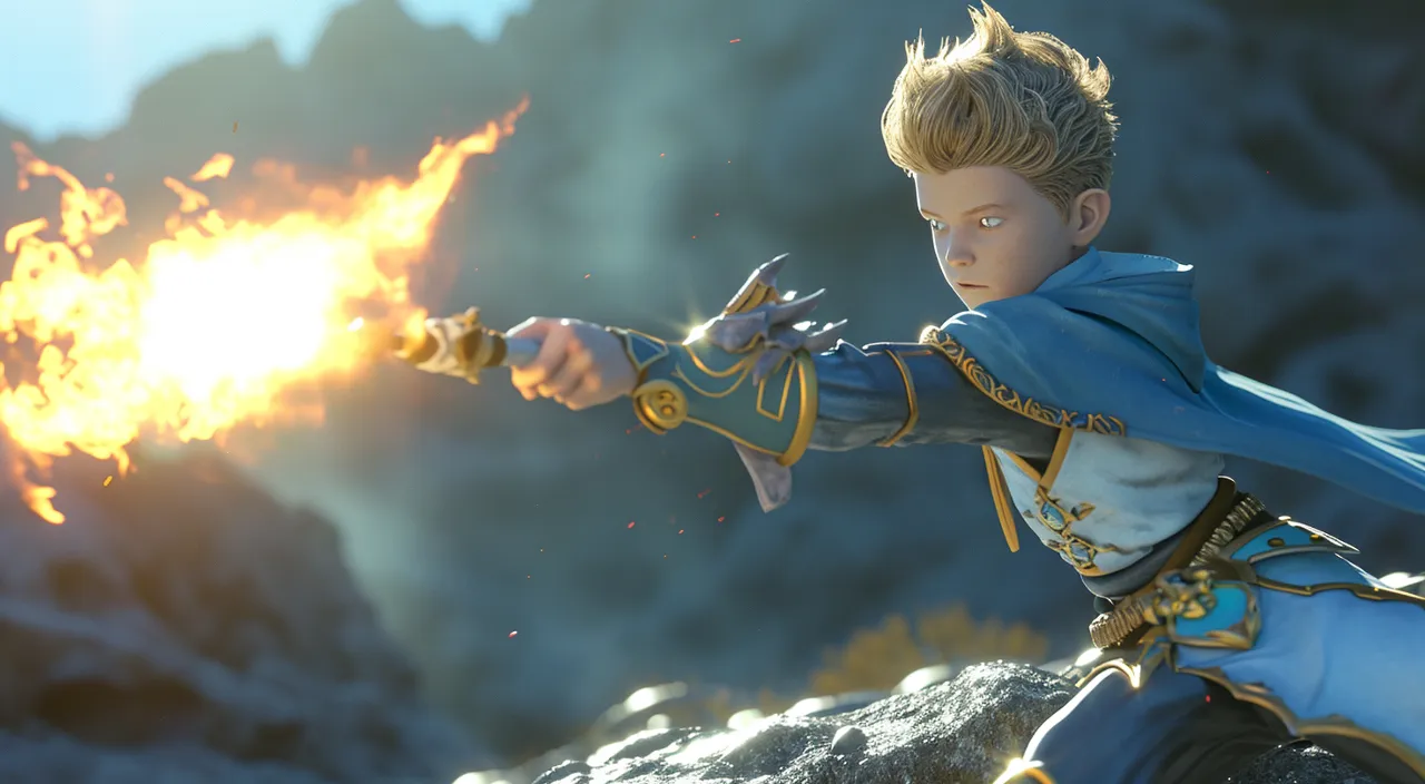 a young boy in a blue outfit holding a sword