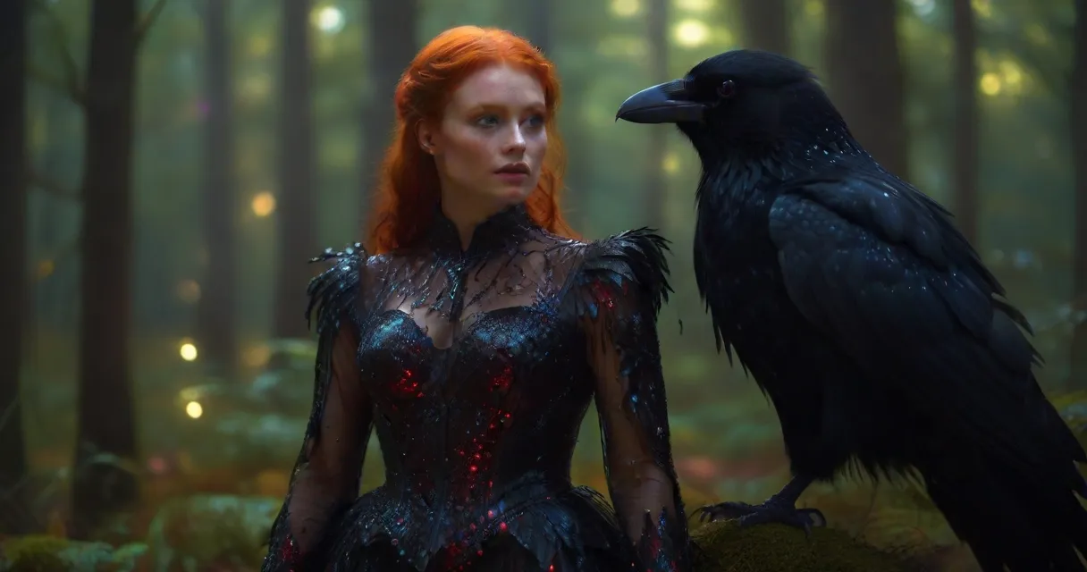 a woman standing next to a black bird in a forest