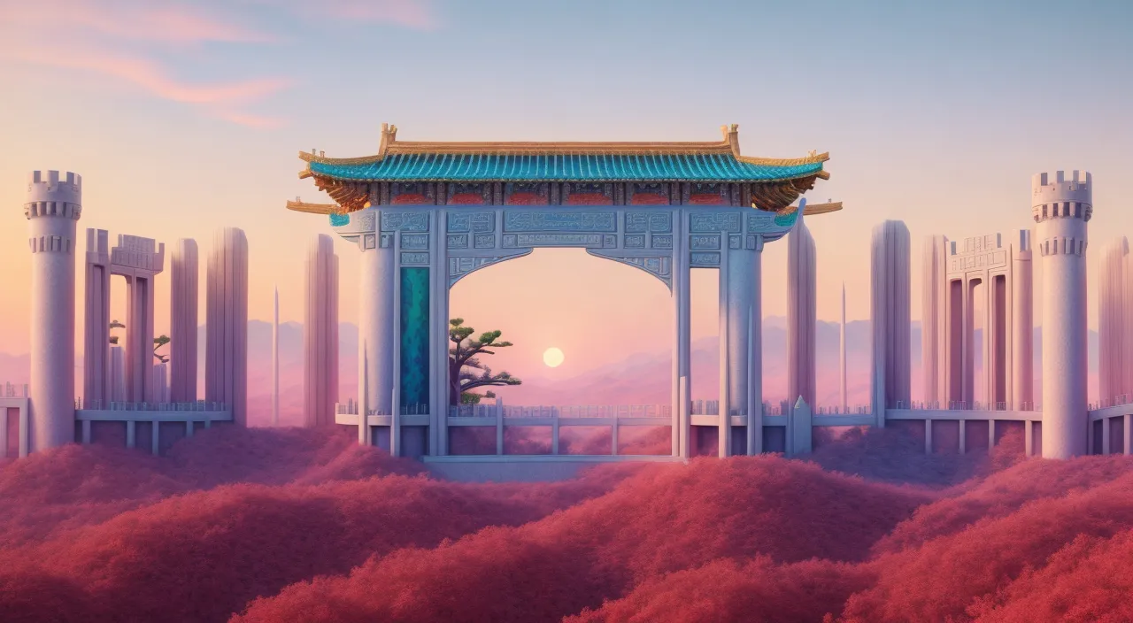 a painting of a chinese gate surrounded by trees