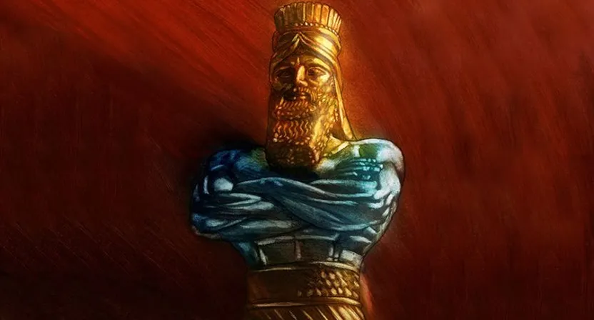 a painting of a golden statue holding a blue object