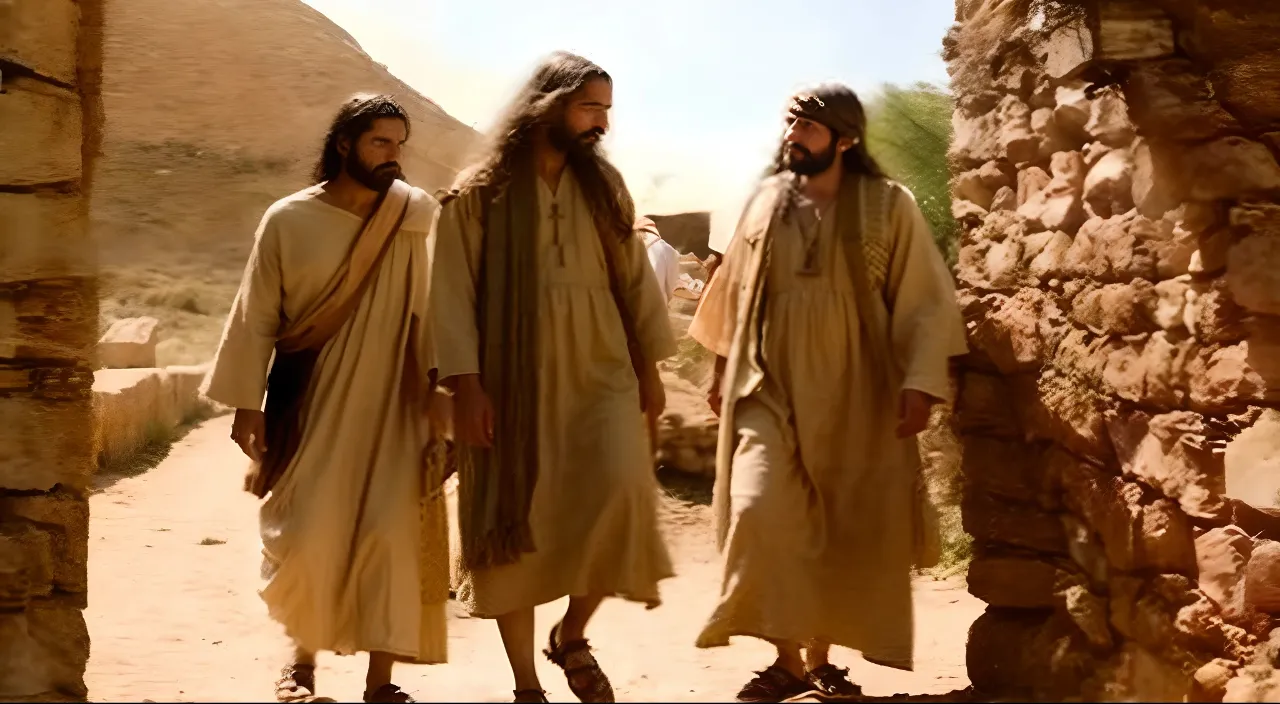 three men dressed in biblical clothing walking down a dirt road