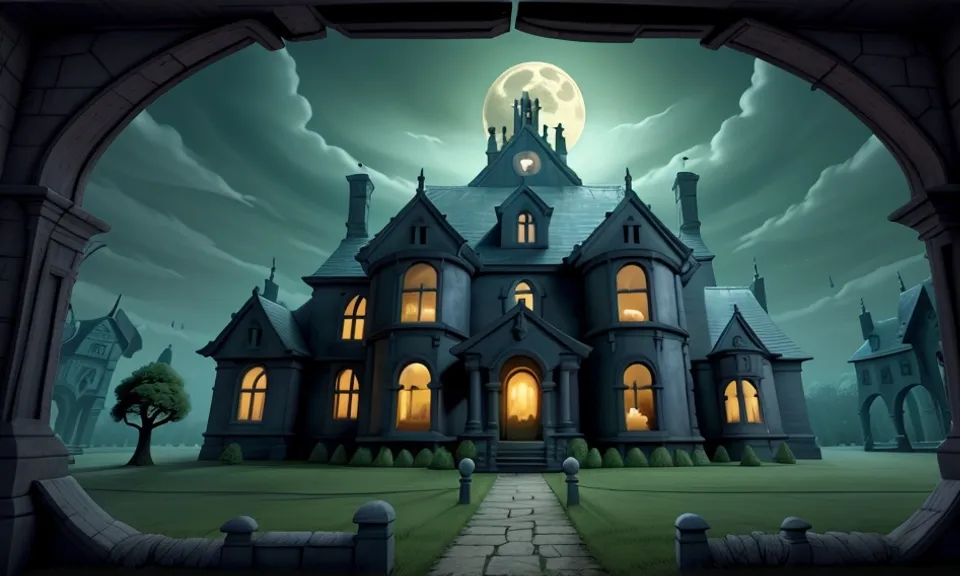 a creepy house with a full moon in the sky