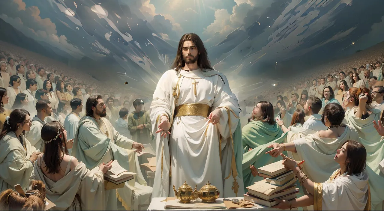 jesus in front of a crowd of people holding an open book in his hands.