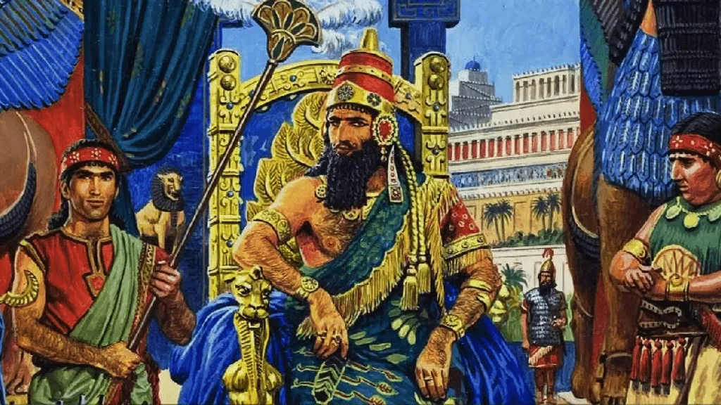 a painting of a man sitting on a throne surrounded by other men