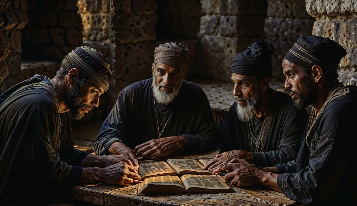 a group of ancient kemit black men sitting around a table with an open book