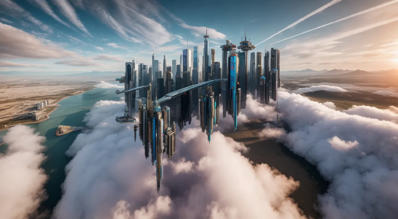 a futuristic city surrounded by clouds in the sky