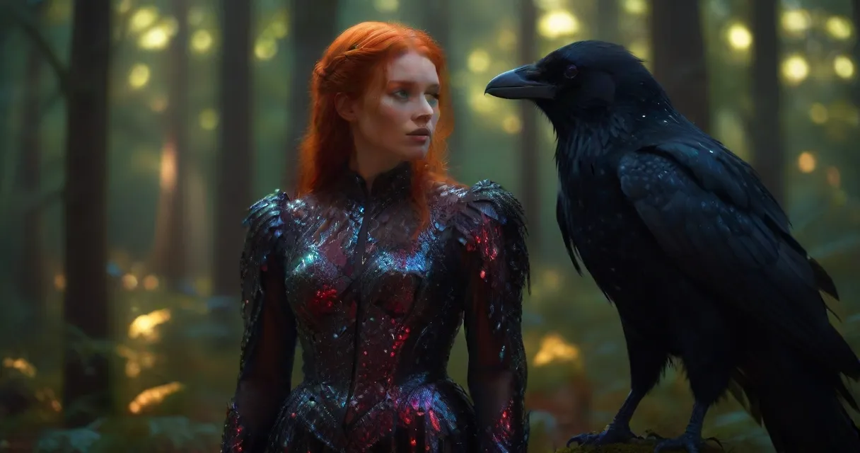 a woman standing next to a black bird in a forest