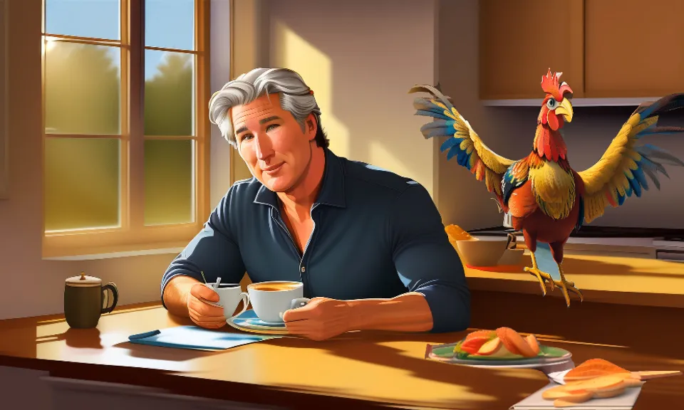 comic animated film ((man Richard Gere)) in the kitchen sitting at the table, coffee, tea, bread, milk, cheese - breakfast, behind him is a rooster with spread wings, it is drawn in color like a comic in high definition HD