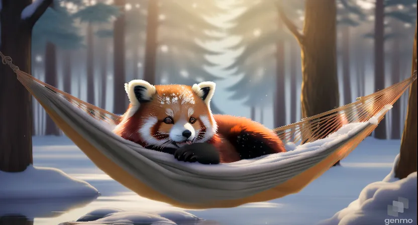 a painting of a red panda in a hammock, Red panda wagging tails tail