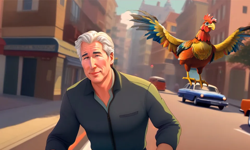 animated film close-up Richard Gere runs after the bus, a rooster flies behind him drawing in the style of Walt Disney