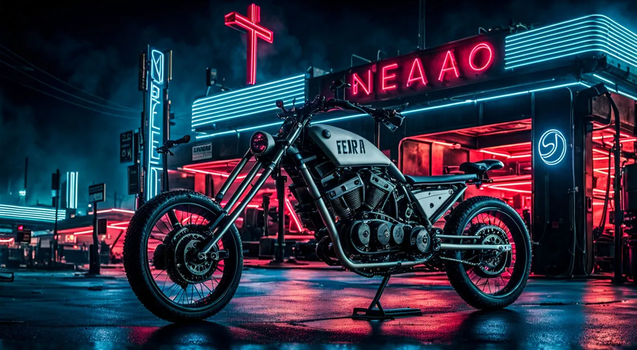 a motorcycle parked in front of a neon sign