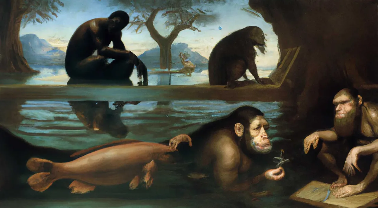 a painting of a man sitting in the water next to a group of animals