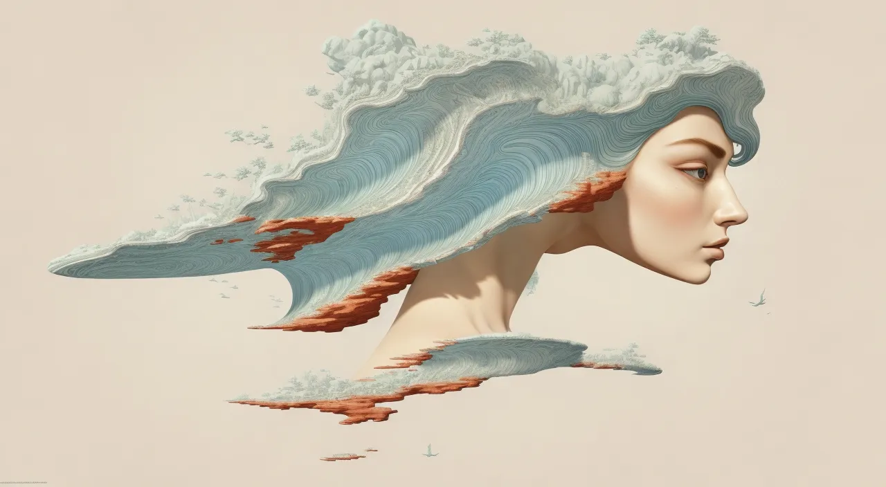 a painting of a woman's head with waves coming out of it