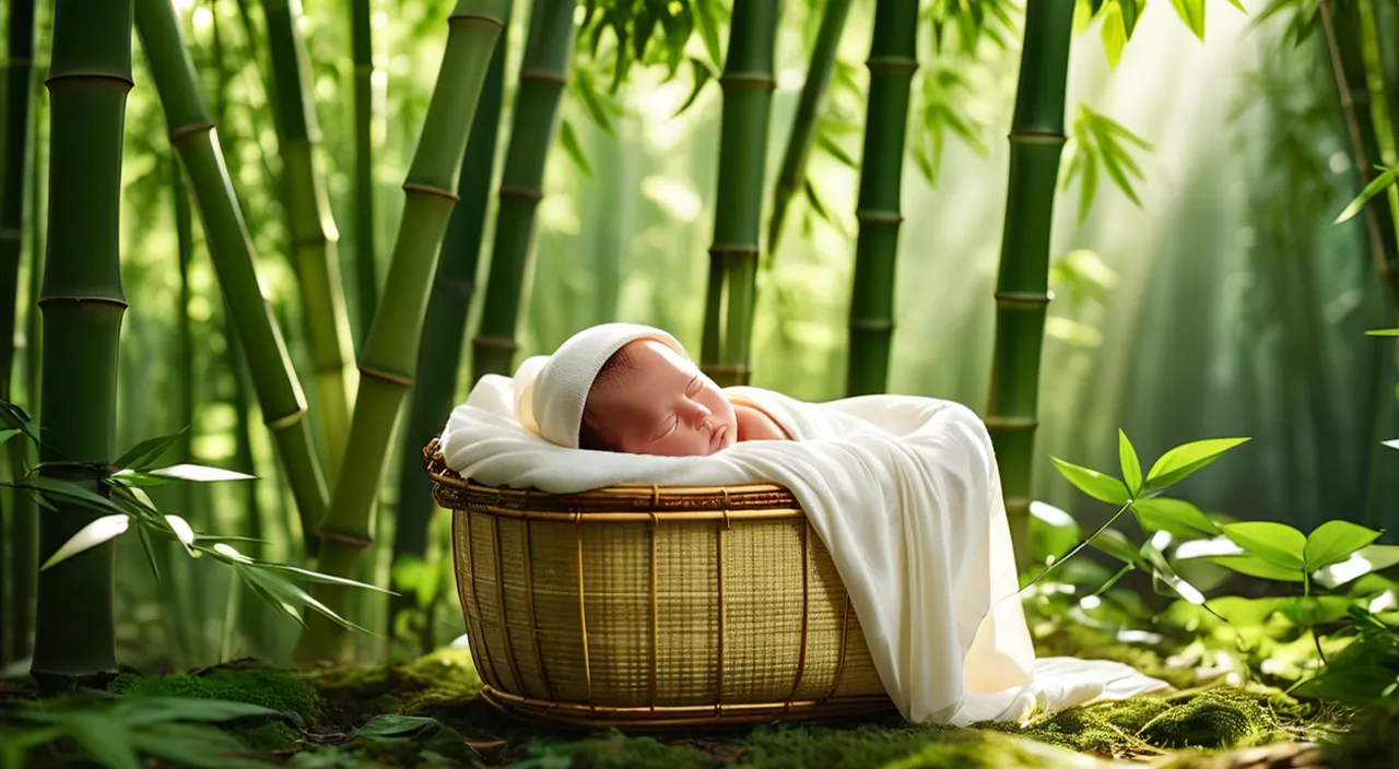 a baby is sleeping in a bamboo basket