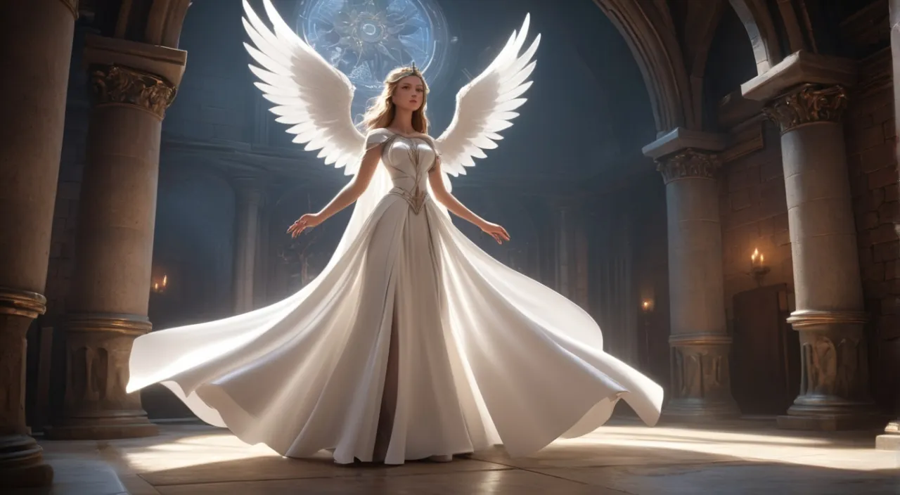 a woman in a white dress with angel wings