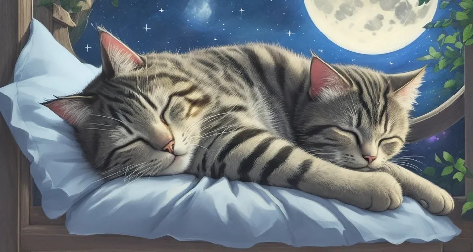 a couple of cats laying on top of a bed