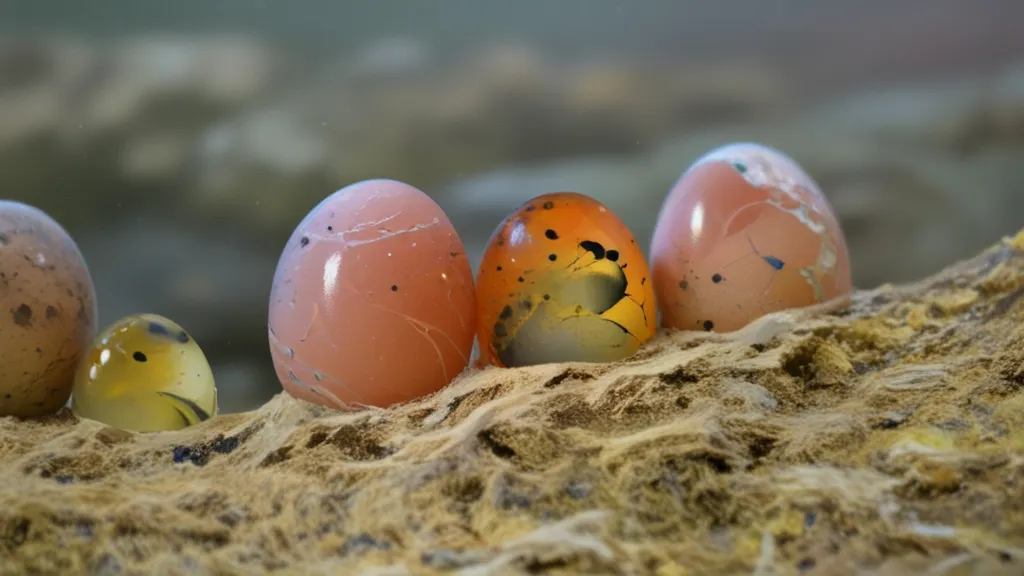 a group of eggs sitting on top of a sandy ground