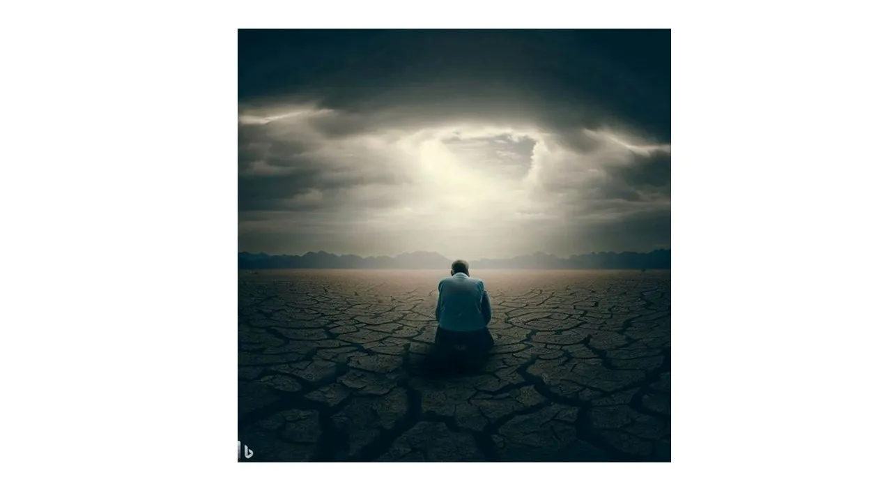 a person sitting in a field under a cloudy sky