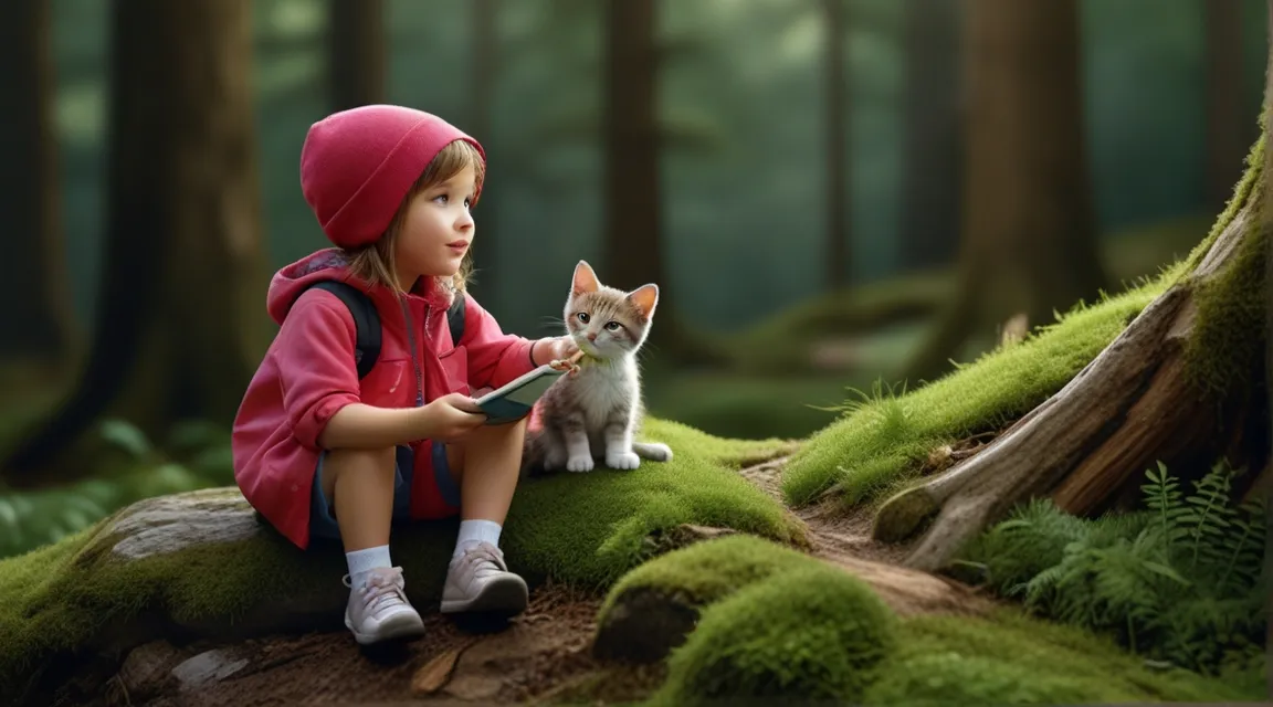 a little girl sitting on a rock with a kitten