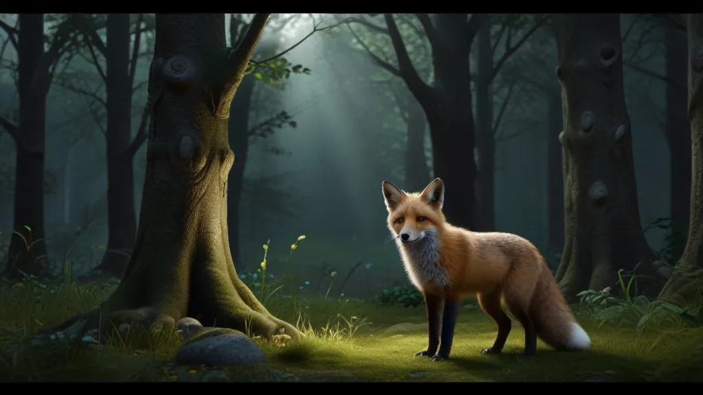 a fox standing in the middle of a forest