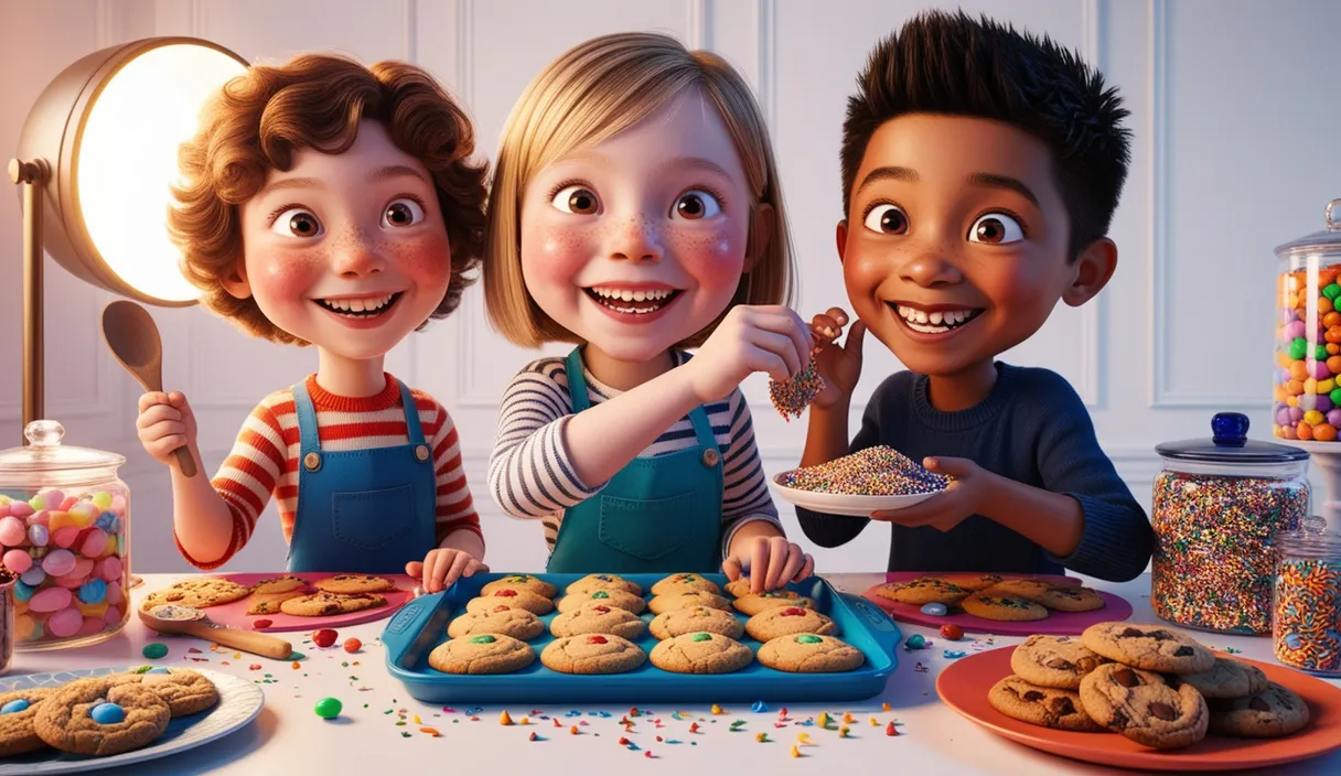 a group of children standing around a table filled with cookies