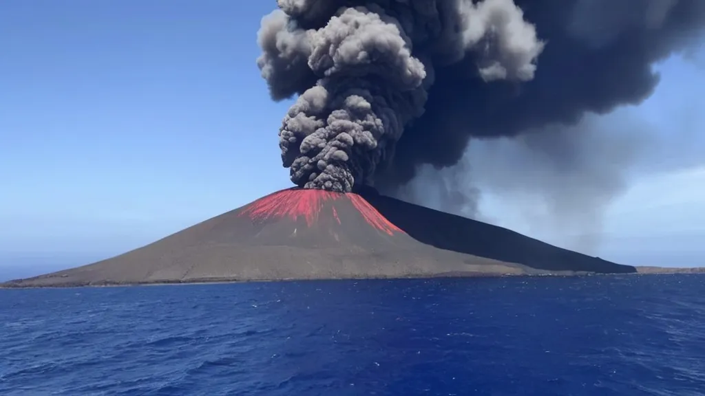 a volcano spewing black smoke into the air