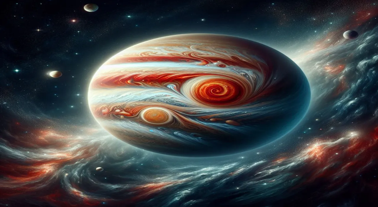 a painting of a red and white swirl in space